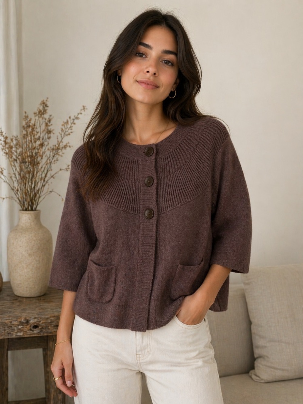 Apostrophe Chocolate Brown Short-Sleeve Rib Yoke Knit Cardigan